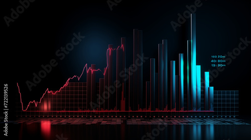 market chart, Financial neon rising graph and chart with lines and numbers front view, Ai generated image