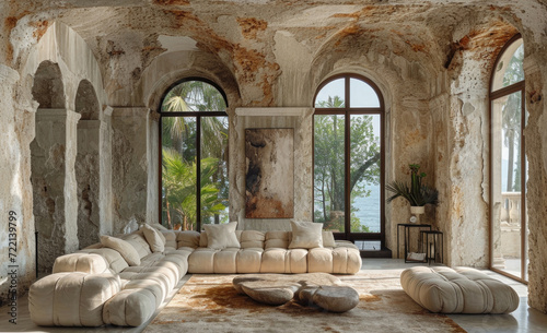 Living room of an abandoned palace converted into a modern villa, with aged marble walls and floors, aged concrete ceilings, aged marble table and white furniture around.