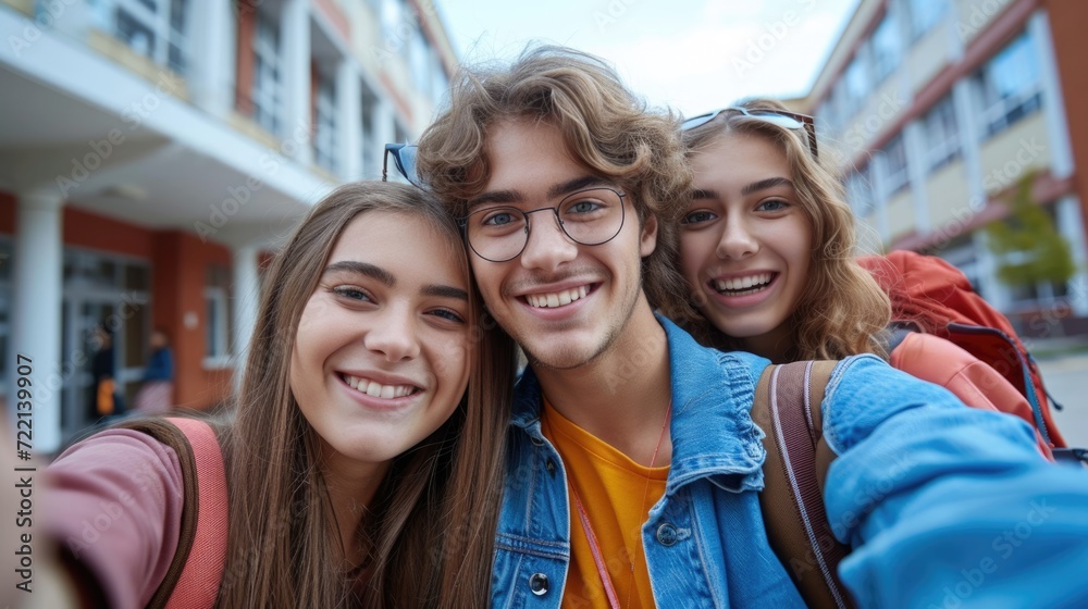 happy teenager students selfie together at school. happy teenager students selfie together at school.