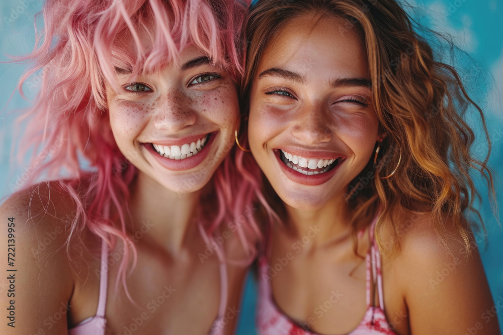 Two cool stylish interracial women best friends laughing and having a good time together in a studio Two cool stylish interracial women best friends laughing and having a good time together in a studio