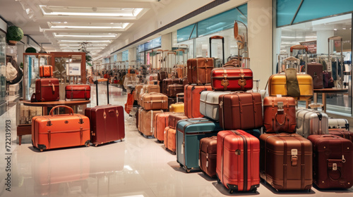 Stylish suitcases on color background. Packed travel colorful suitcases. Many multi colored big suitcases or luggage in shop