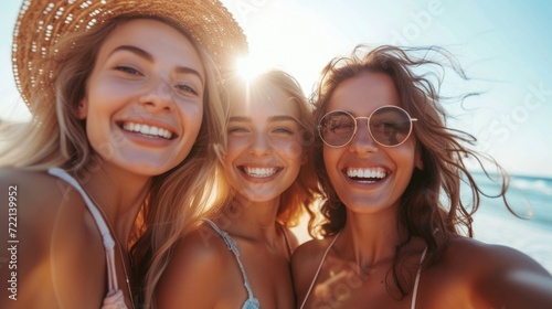 happy teenagers selfie together at sea beach on their summer trip.