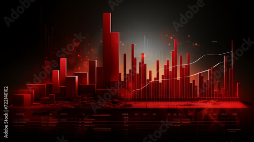 graph  City skyline with rising arrow  Red digital graphs and bar charts front view  Ai generated image