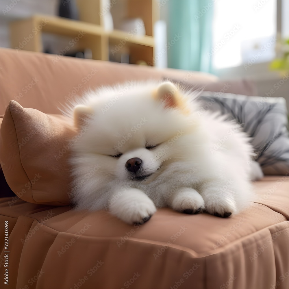 Pomeranian dog is sleeping in a foza chair at home. Pomeranian dog is sleeping in a foza chair at home.