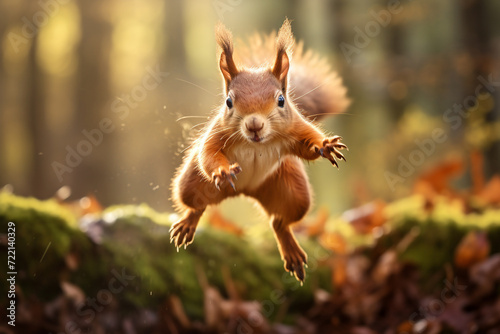 Eurasian red squirrel (Sciurus vulgaris) jumping in the air © Alicia