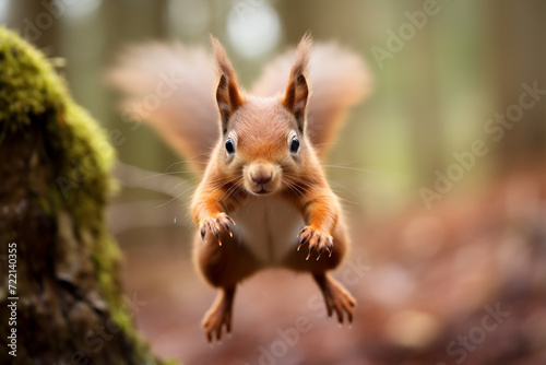 Eurasian red squirrel (Sciurus vulgaris) jumping in the air