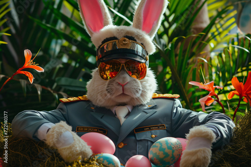Osterhase in militärischer Uniform mit Sonnenbrille und Ostereiern