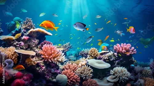 Vibrant underwater coral reef scene with colorful fish swimming among the corals