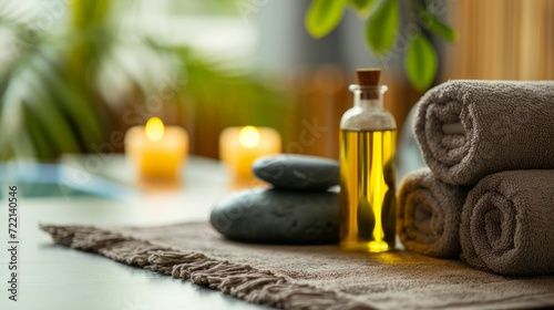 towels, hot stone massage, essential oils and massage table in modern beauty studio. 