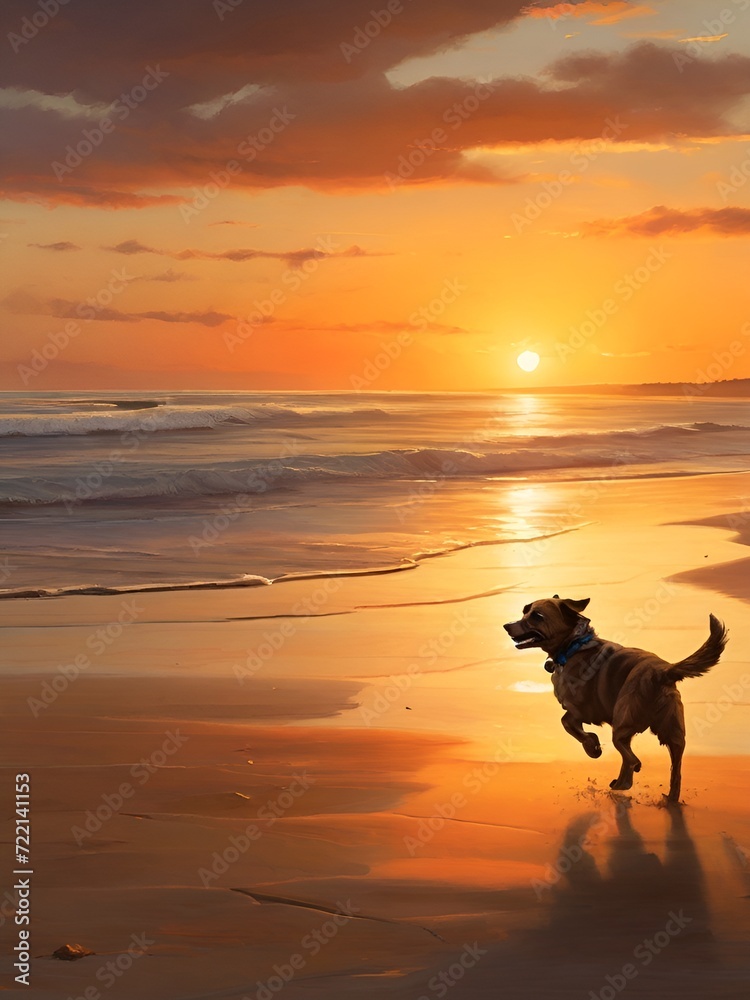 A dog running through the sea with golden lighting on sea surface.