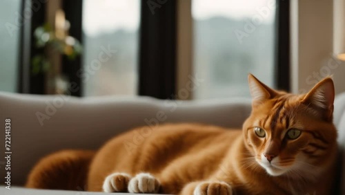 Cat Laying on Couch, Looking at Camera. Generative AI.