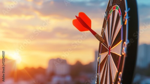 Close up red dart arrow hitting target center dartboard on sunset background. Business targeting and focus concept.