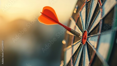 Close up red dart arrow hitting target center dartboard on sunset background. Business targeting and focus concept.