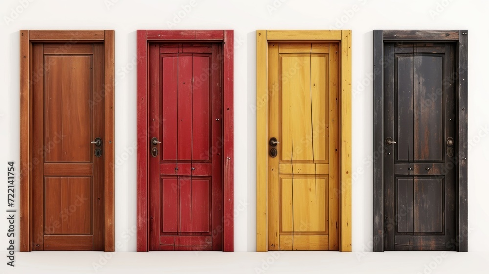 Four isolated and realistic wooden doors design icon set in different styles and colors