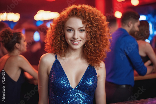 Elegant sexy woman with red curly hair in deep blue dress standing near bar counter and relaxing. Night club interior. Colorful light. Fashionable stylish lady. Generative Ai