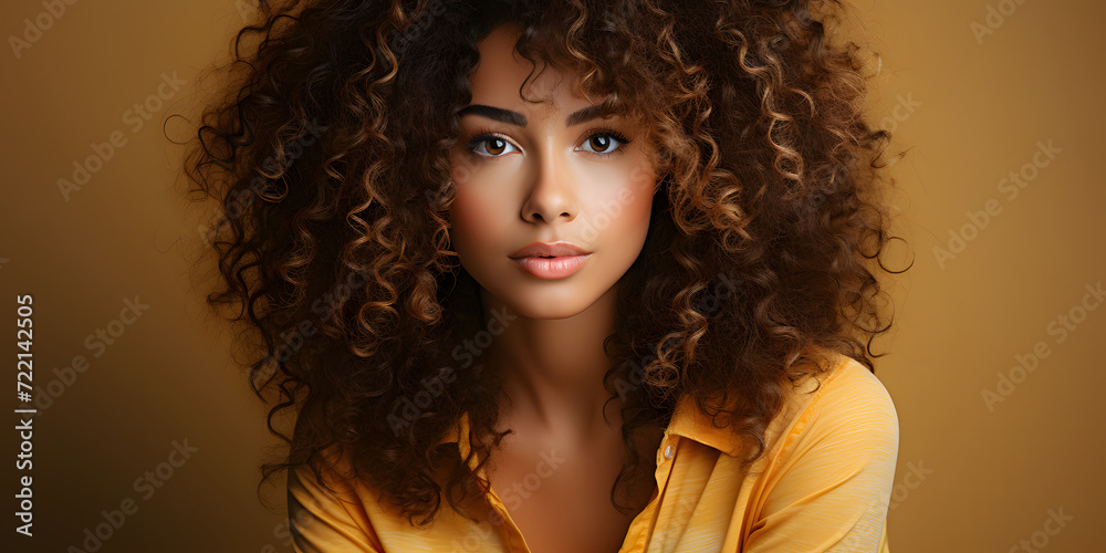 Fototapeta premium Beautiful Exotic Dark Skinned Woman with Curly Hair on Brown Studio Background