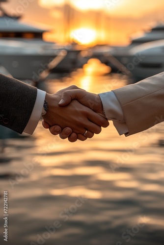 handshake of two businessmen near the yachts in the port 