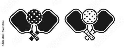 Crossed Pickleball Racket and Ball Icons In Glyph Style, Two Variants
