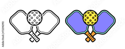 Crossed Pickleball Racket and Ball Icon Set In Simple and Colored Outline Style