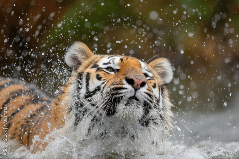 siberian tiger shaking off water after a refreshing swim