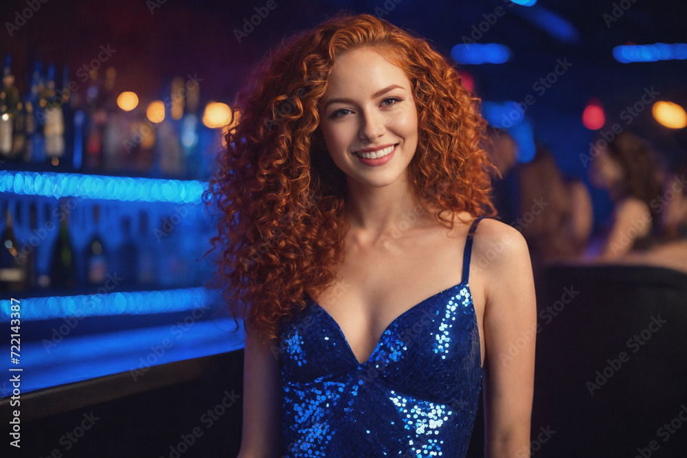 Obraz premium Elegant sexy woman with red curly hair in deep blue dress standing near bar counter and relaxing. Night club interior. Colorful light. Fashionable stylish lady. Generative Ai