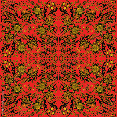 decorated yellow swirls and curls on red