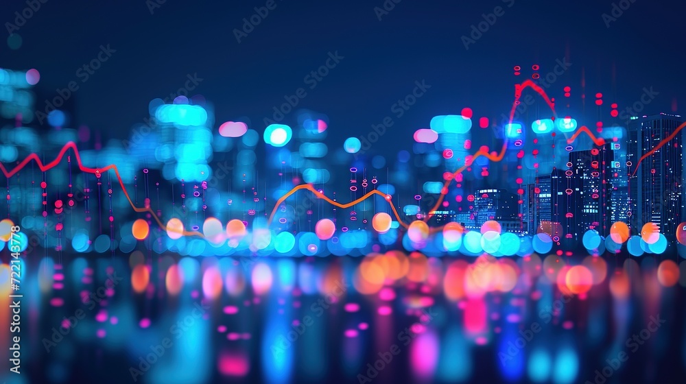 Stock market business concept with financial chart on screen and metropolis. Investment and trading background