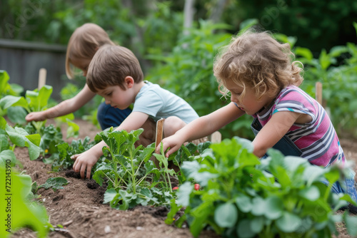 young children tending vegetable patch in a garden