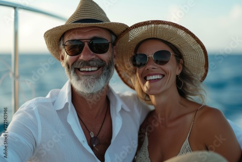 Laughing, happy couple and on a boat for retirement travel, summer freedom and holiday in Bali.