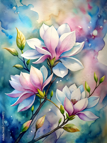 Watercolor magnolias background. 