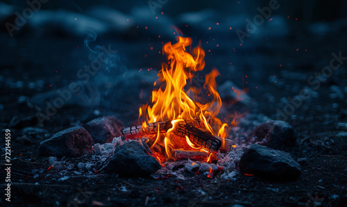 Burning campfire with hot coals and fiery particles isolated on a dark background.