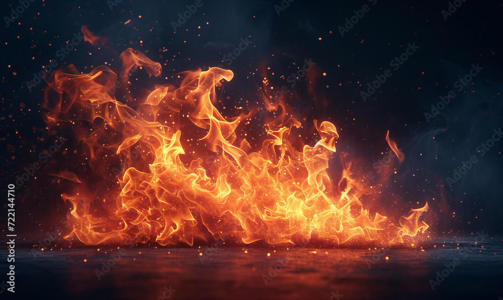 Burning campfire with hot coals and fiery particles isolated on a dark background.