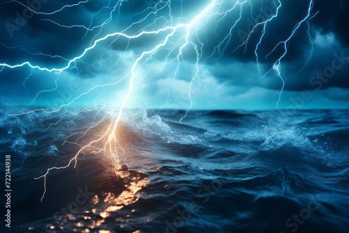 Conceptual image of stormy sky with lightning above water surface
