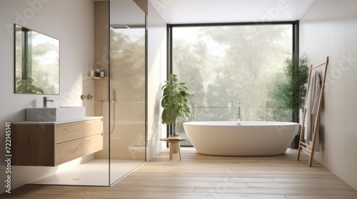 Interior of modern bathroom with white walls, wooden floor, comfortable white bathtub and round mirror. 3d rendering © Aner