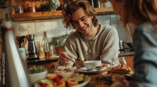 a couple have breakfast in the kitchen