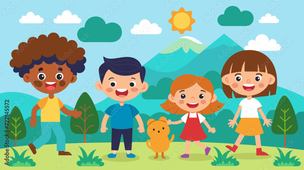 Happy cartoon children playing outdoors with dog in nature scene Happy cartoon children playing outdoors with dog in nature scene