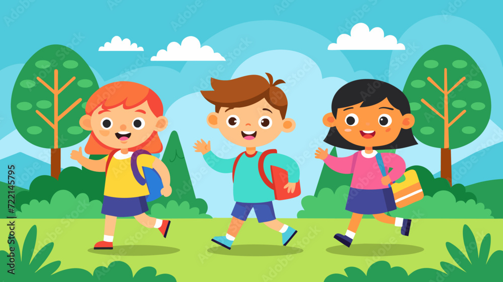 Happy children running with backpacks in a park vector illustration