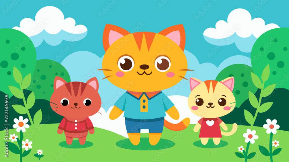 Naklejka premium Cute cartoon cat family enjoying a sunny day outdoors in nature