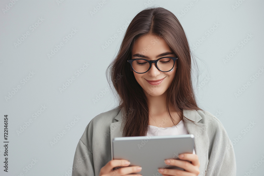 Mulher concentrada e feliz usando um tablet 