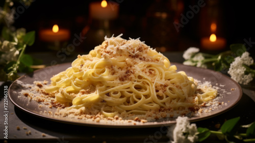 Italian pasta with white sauce basil and parmesan cheese