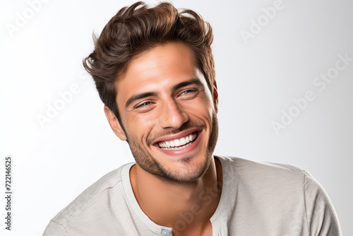 Portrait of a handsome young man smiling while standing against white background