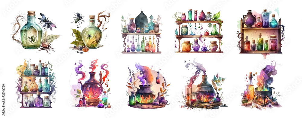 Glass bottles with magic potions for witchcraft and spell casting Glass bottles with magic potions for witchcraft and spell casting