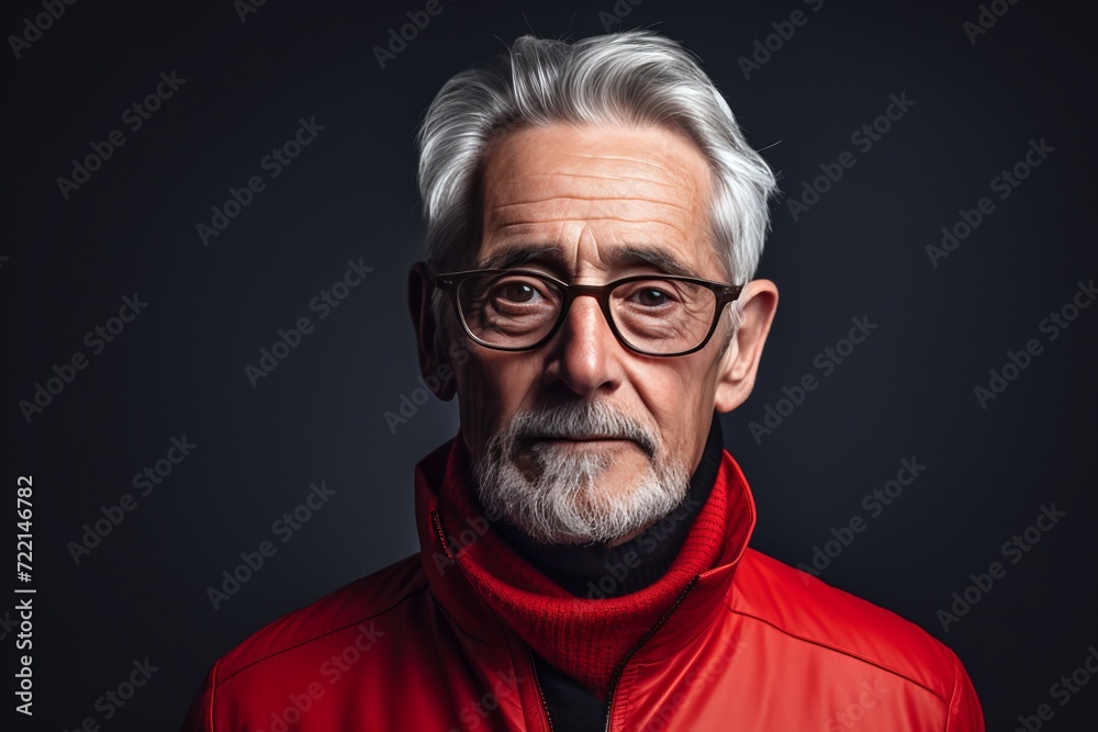 Portrait of senior man in red jacket and eyeglasses.