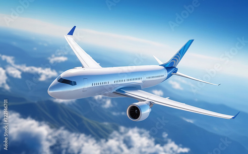 Airplane is flying over mountains and beautiful clouds. Landscape with passenger airplane, hills in low clouds, blue sky. aircraft. Business travel. Commercial plane. Aerial view
