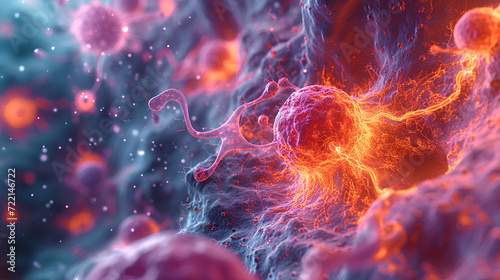 a vibrant microscopic view of malignant hematologic cells, their structure distorted and disorganized, while GFH009, represented by a glowing pathway 