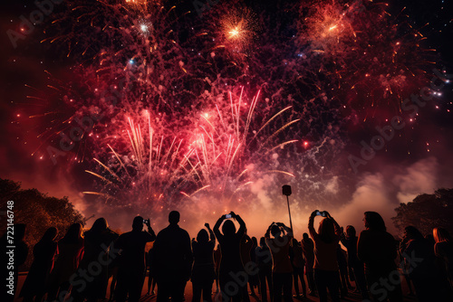 Group of happy young people celebrating new year eve with fireworks and fireworks © Kitta