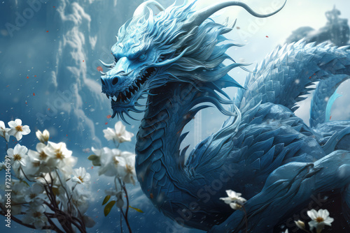 3D rendering of a fantasy dragon in a fantasy landscape with mountains © Kitta