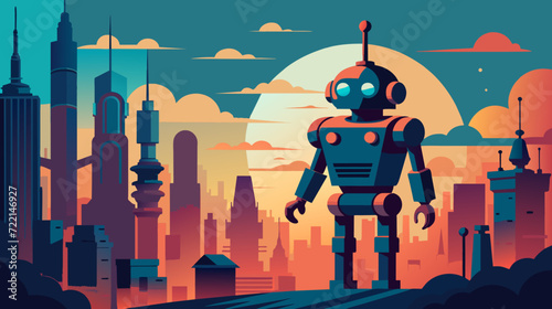 Retro futuristic robot overlooking a sunset cityscape vector illustration