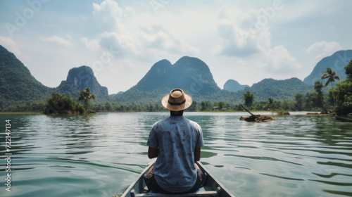 Rear view of man paddling the wooden boat