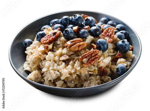 Oatmeal Bowl, Oat Porridge with Blueberry and Pecans in a Bowl on White Background